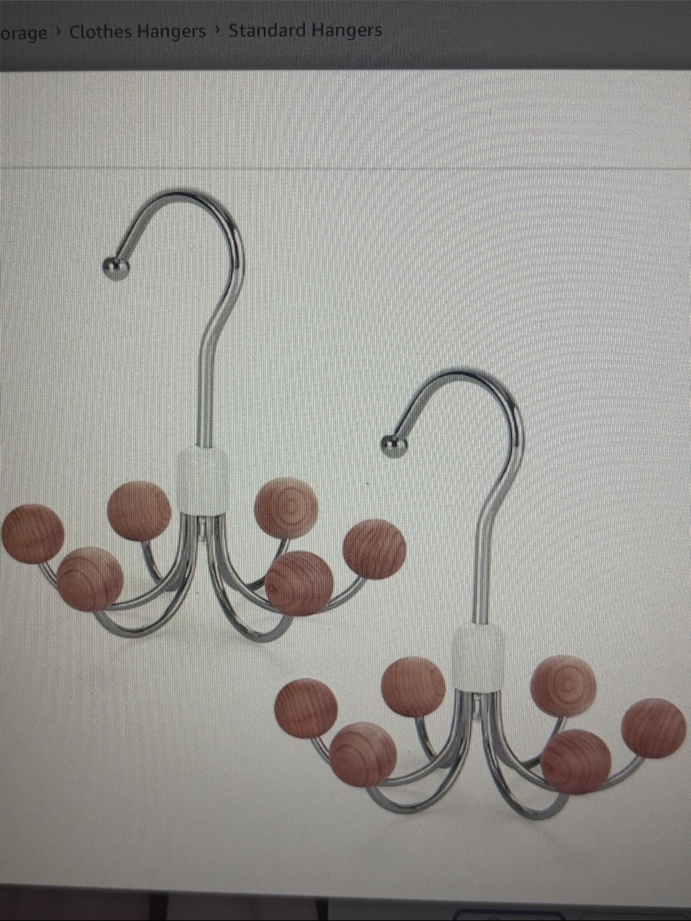 Chrome multi-hook hanger with round cedar wooden knob ends. - Picture 2 of 5